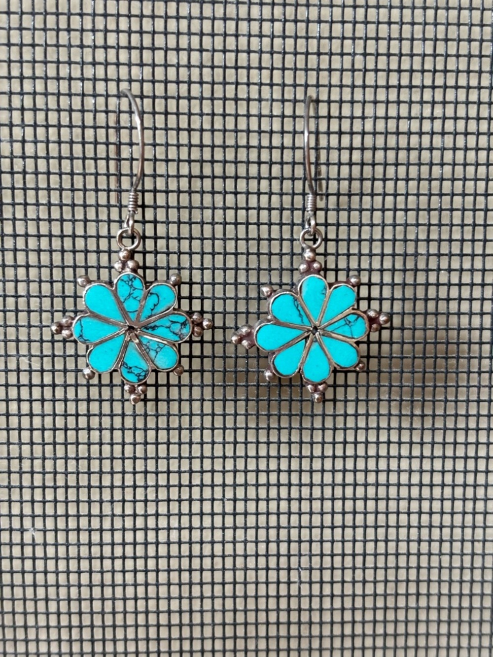 Sterling Silver Turquoise Flower Inlay Drop Earrings